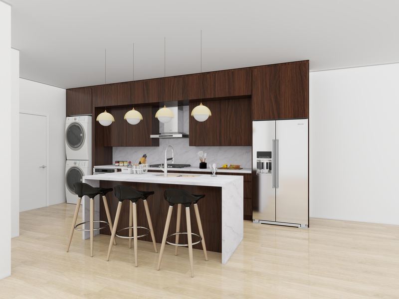 3D render of a dark walnut kitchen with a white waterfall island, three black stools, globe pendants and a stainless fridge