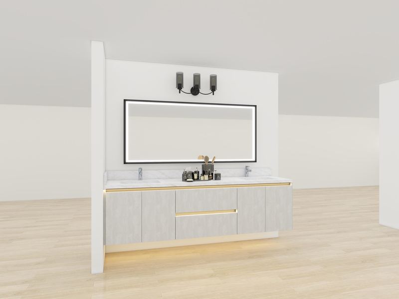 3D render of a floating light grey wood-grain double vanity with a gold handle strip and a black-framed LED mirror