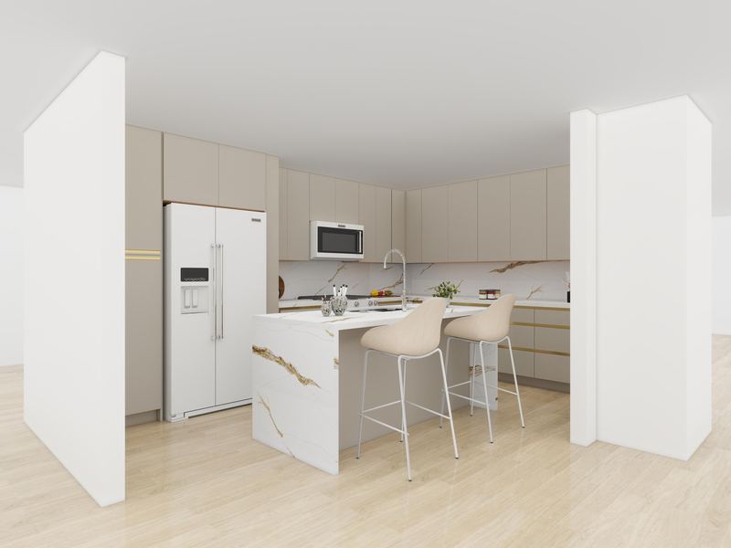 3D render of a greige gloss kitchen with gold handle profiles, a white fridge and a gold-veined waterfall island with a sink