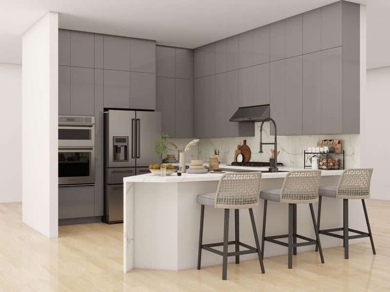 3D render of a grey gloss kitchen with cabinets to the ceiling, wall ovens and a white waterfall peninsula with three stools