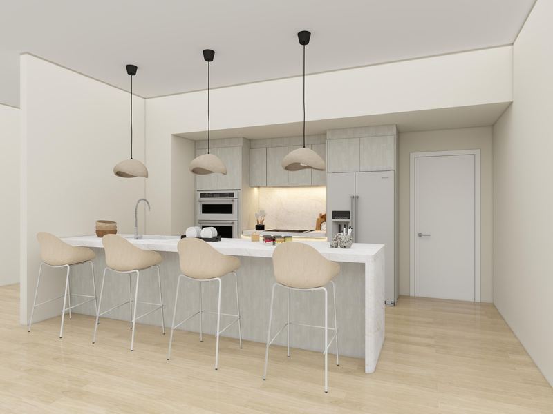 3D render of a kitchen with light grey wood-grain cabinets, a white waterfall island with four stools and three pendants