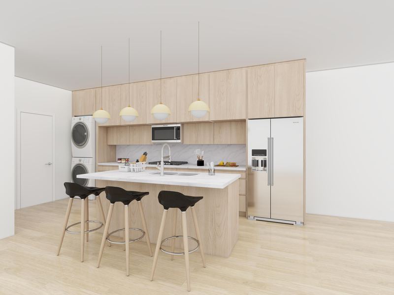 3D render of a light oak kitchen with cabinets to the ceiling, a white-top island with three stools and globe pendants