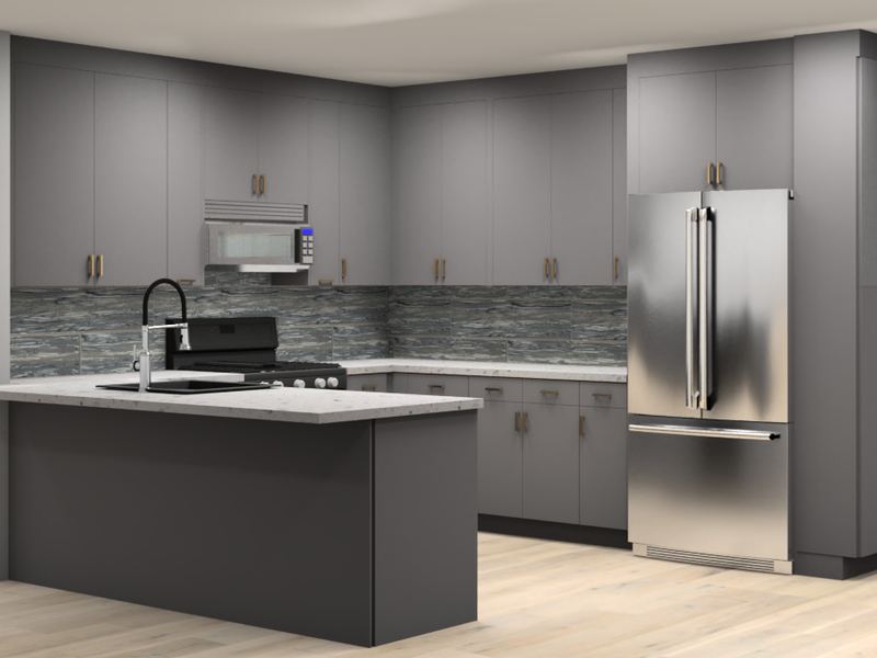3D render of a matte grey kitchen with ceiling-height cabinets, a peninsula sink, mosaic backsplash and a French-door fridge