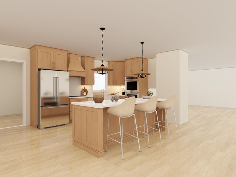 3D render of a natural wood shaker kitchen with a wood hood, wall ovens and an island with three stools under two pendants
