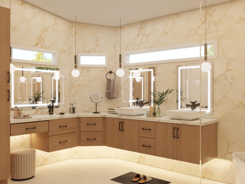 3D render of a primary bathroom with a floating oak L-shaped vanity, makeup desk, two vessel sinks, LED mirrors and pendants