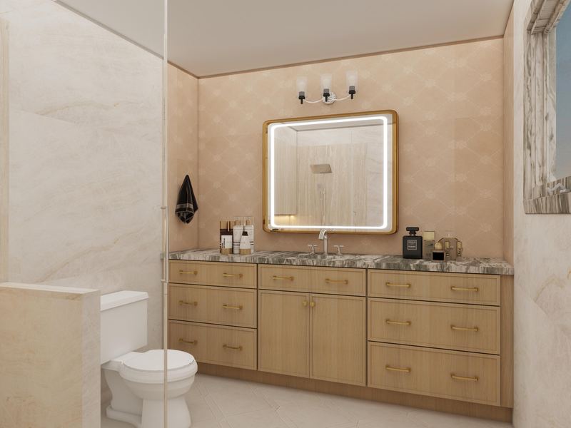 3D render of a bathroom with an oak vanity, dark marble-look top, gold-framed LED mirror, blush patterned tile and a toilet