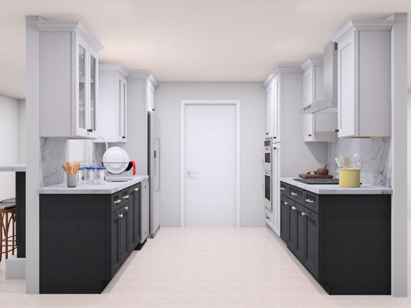 3D render of a galley kitchen with black shaker base cabinets, white glass-front uppers, marble-look counters and wall ovens