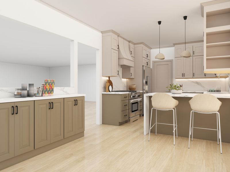 3D render of a two-tone kitchen: greige uppers, taupe raised-panel base, a chimney hood and a peninsula with two stools