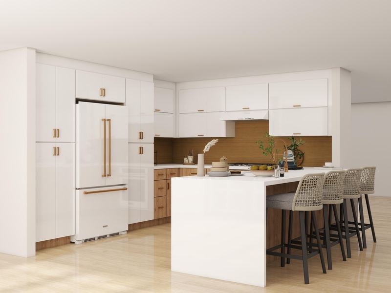 3D render of a kitchen with white gloss tall units, wood base cabinets and a white waterfall island with four woven stools
