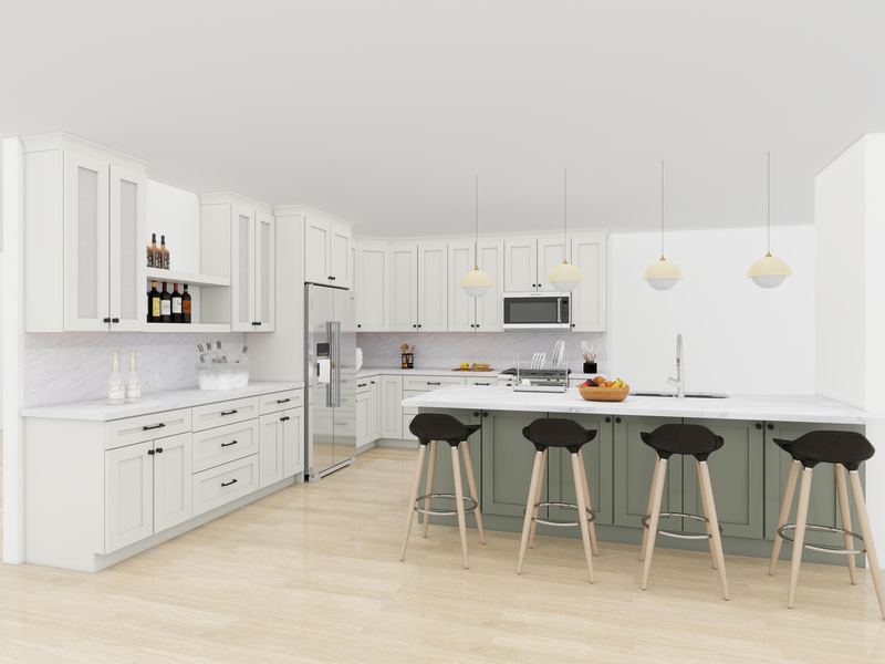 3D render of a white shaker kitchen with glass-front uppers, wine shelves and a sage-green island with four stools