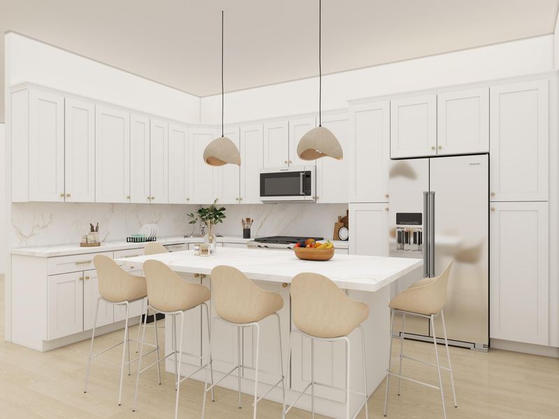 3D render of a white shaker kitchen with gold pulls, a marble-look island with six stools and a stainless fridge