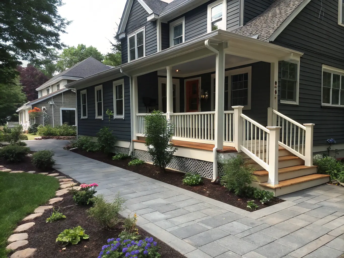 A newly renovated home exterior with fresh siding, a modern roof, and manicured landscaping, showcasing the transformation achieved by Dreamery Home Improvement.
