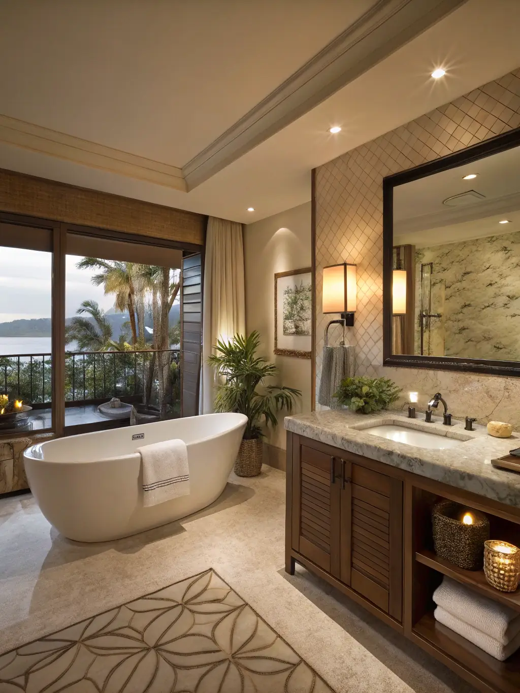 A luxurious bathroom with a freestanding tub, walk-in shower, and elegant tile work, highlighting a bathroom renovation project by Dreamery Home Improvement.