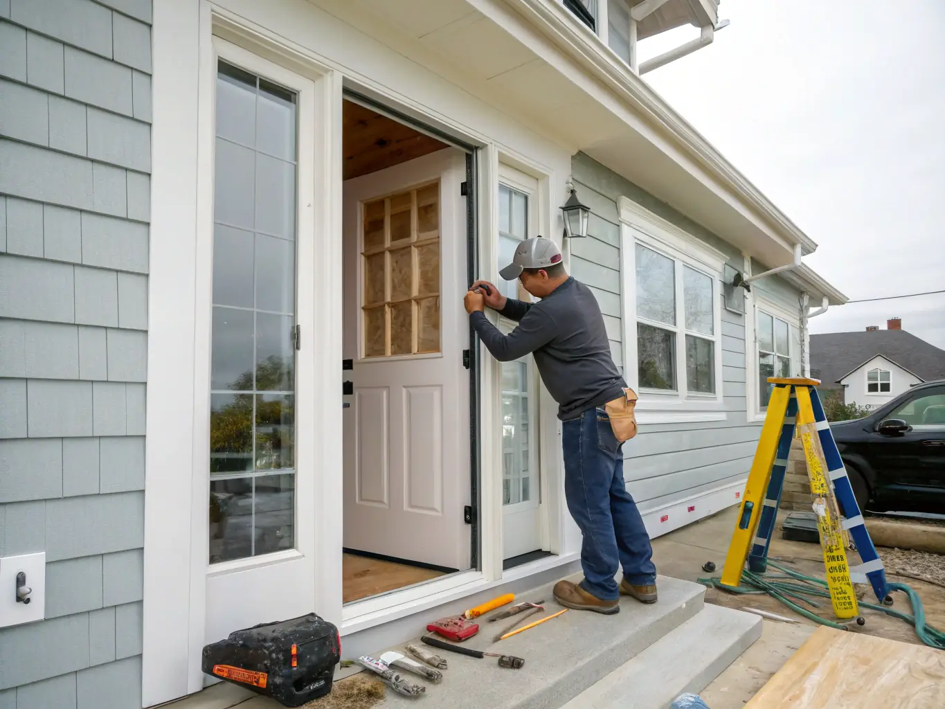 A professional-grade image of a craftsman installing a new front door, showcasing the precision and care taken during the installation process.
