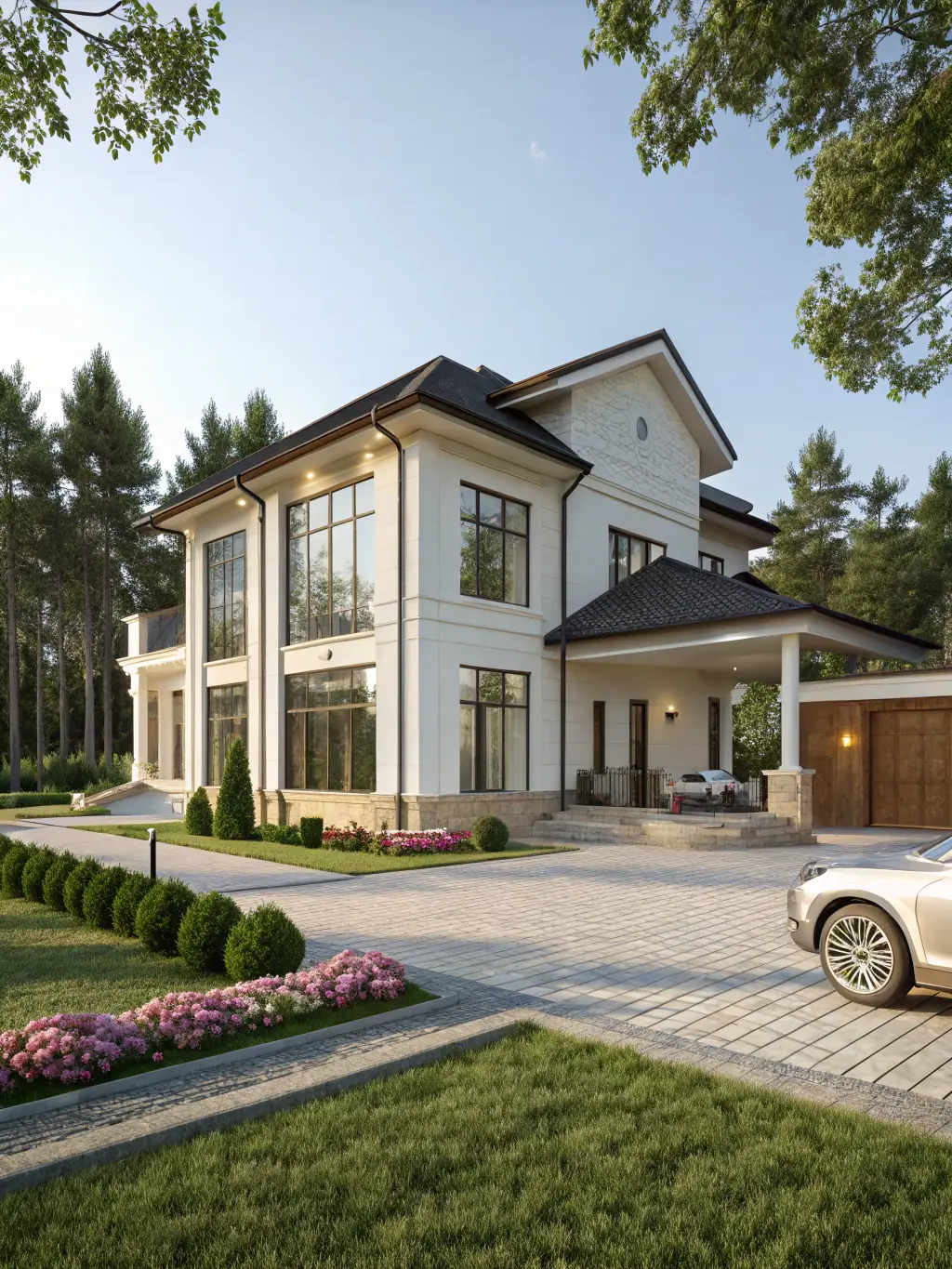 A home exterior showcasing newly installed energy-efficient windows and a stylish front door, demonstrating Dreamery Home Improvement's window and door replacement services.
