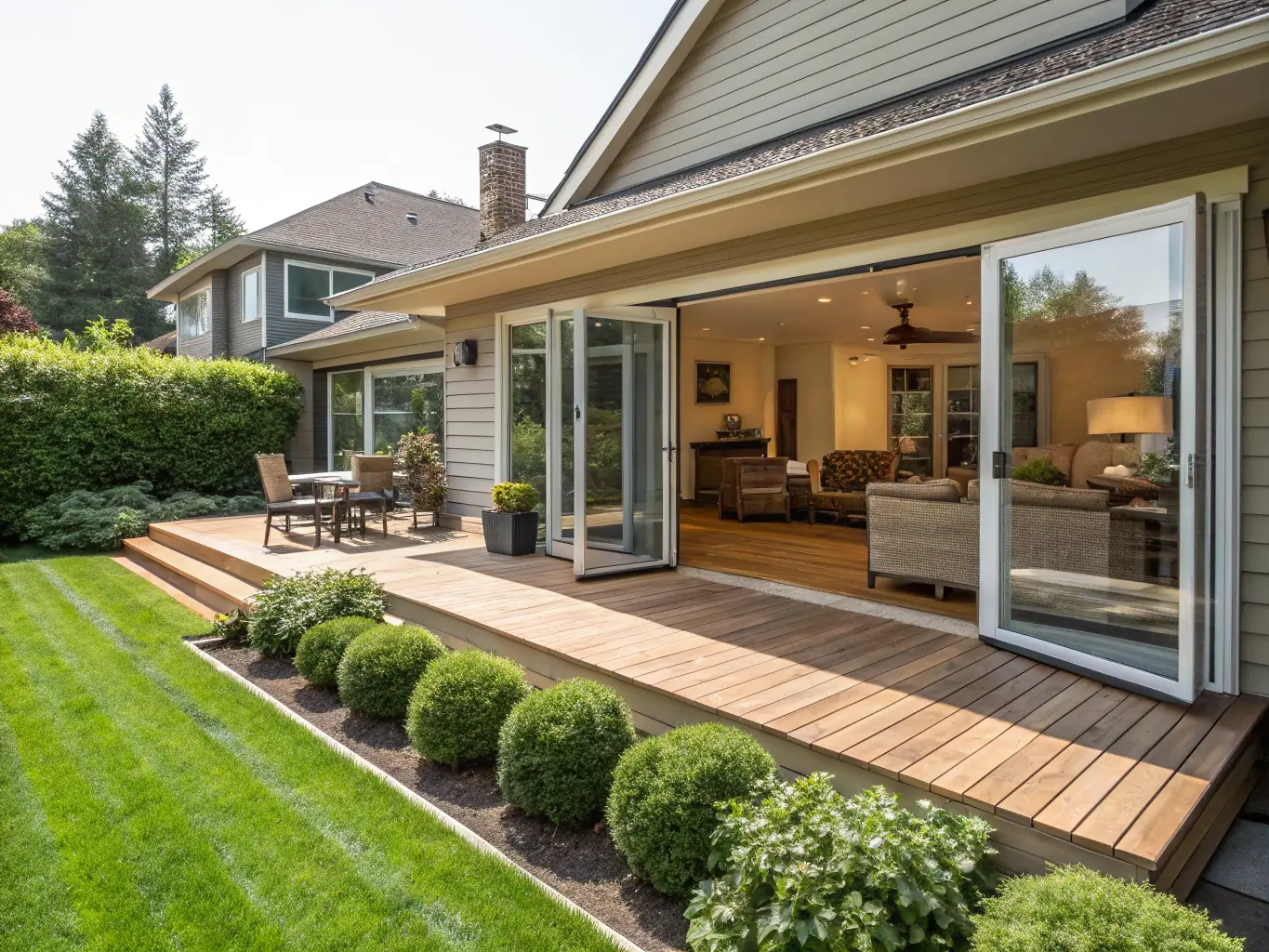 A sturdy and stylish new deck extending from a home, perfect for outdoor entertaining and relaxation, installed by Dreamery Home Improvement.
