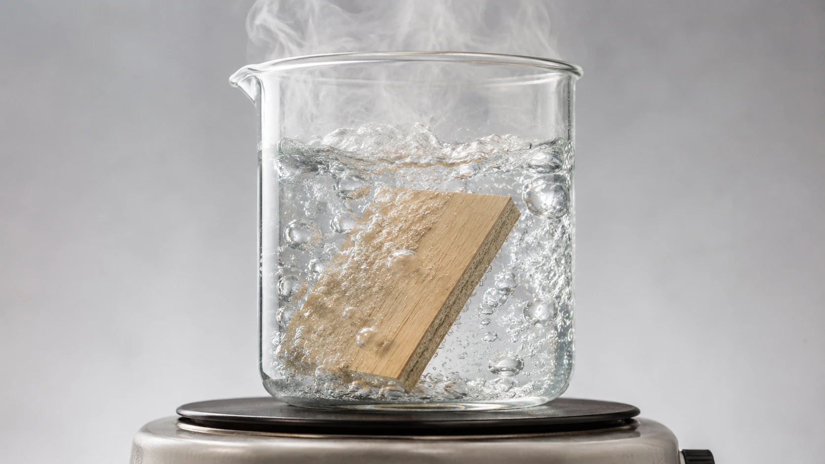 Wood cabinet panel sample in a glass beaker of boiling water — dramatization of boil-test performance