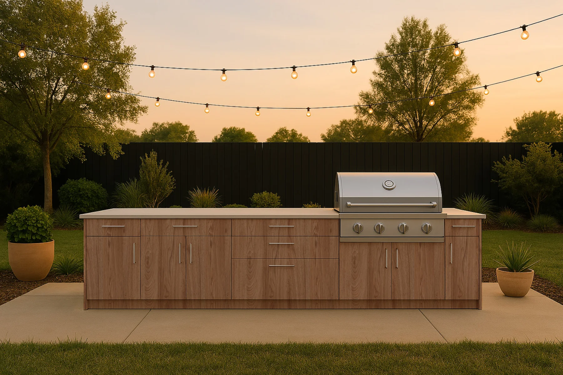 Outdoor kitchen and bar seating at sunset, Broward County