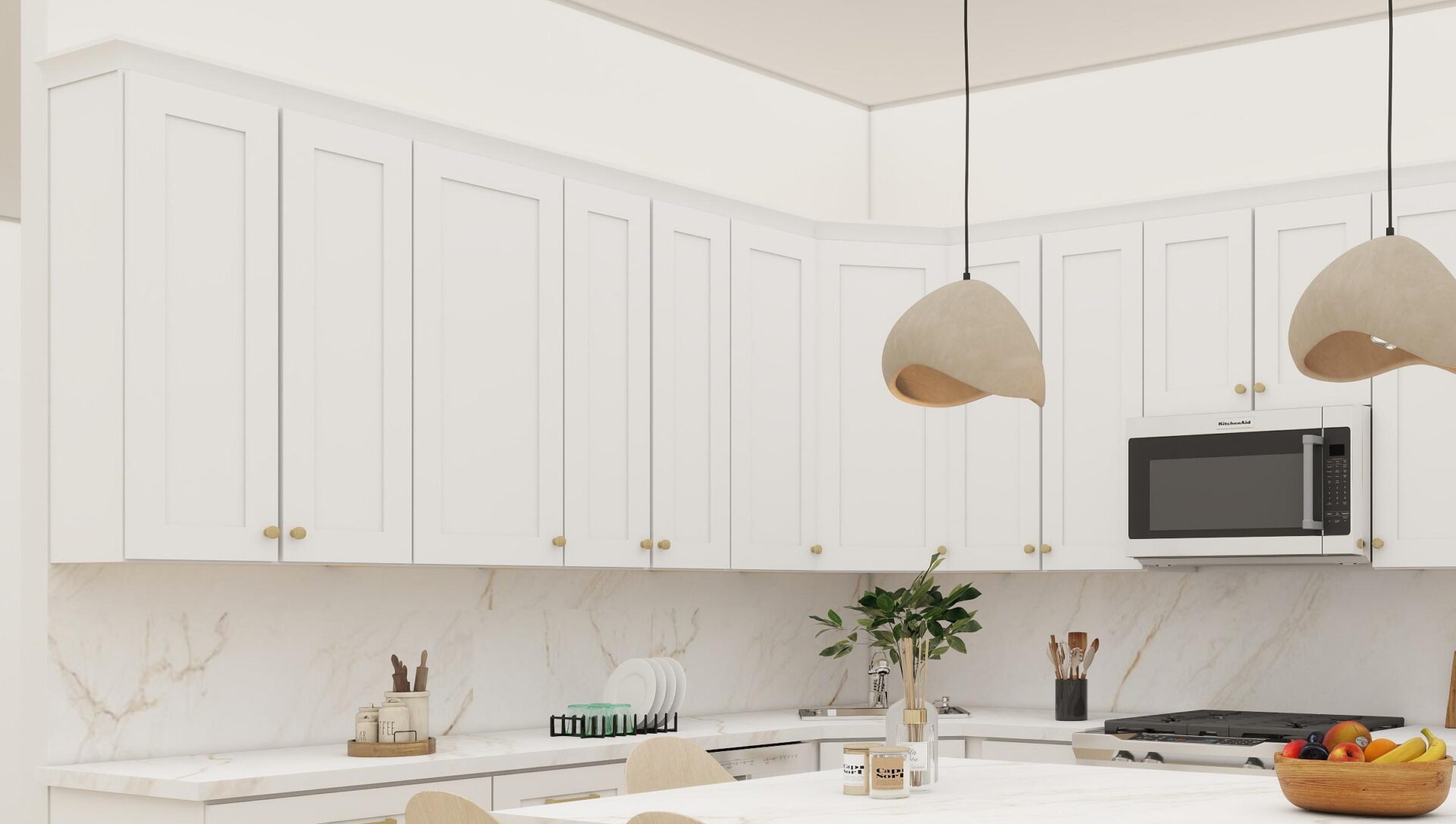 3D design of white shaker wall cabinets with gold hardware