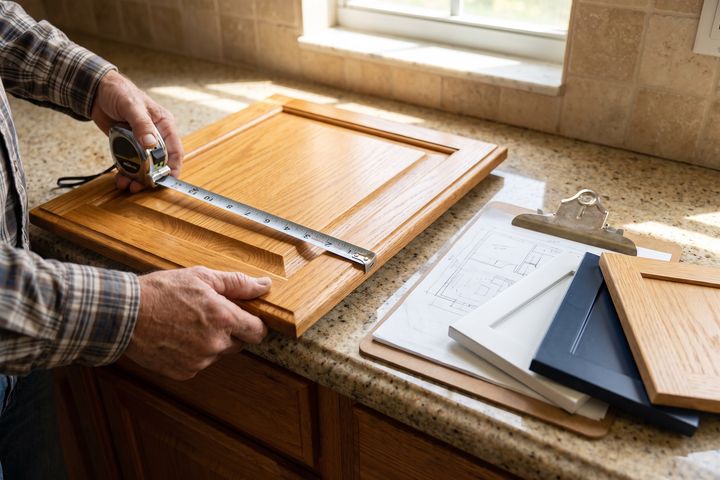 A designer measures an oak raised-panel cabinet door, with door samples on the counter