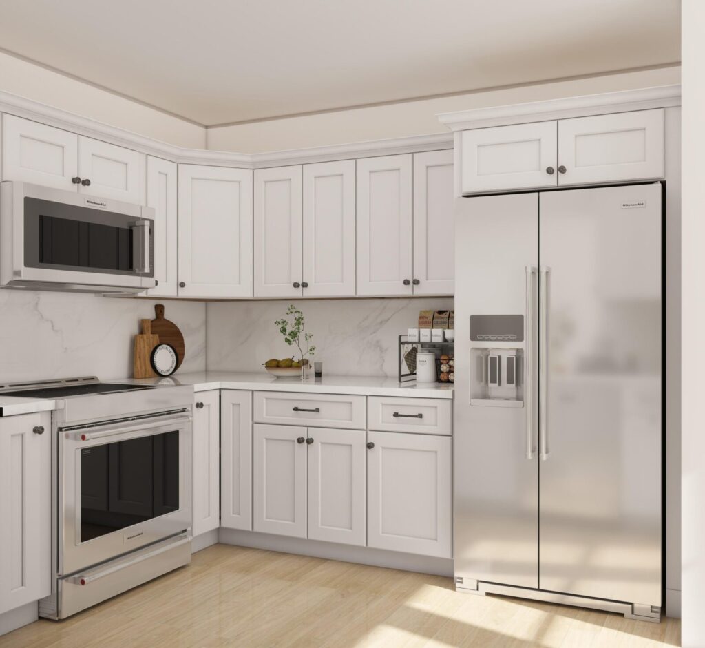 3D design of a white shaker L-shaped kitchen with a marble-look backsplash in Oakland Park